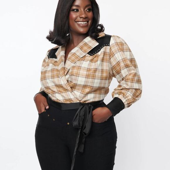 UNIQUE VINTAGE Brown Sparkle Plaid Western Wrap Crop Top {L17} - Picture 4 of 5